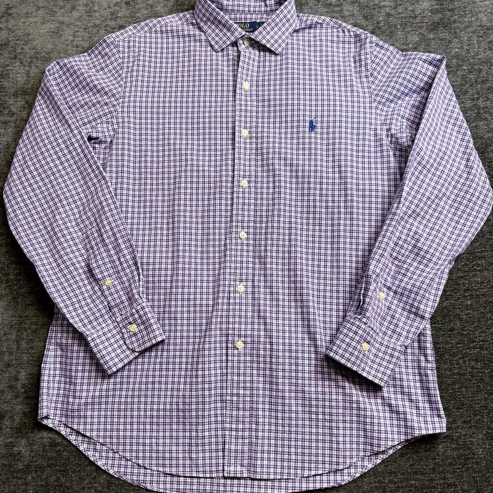 Ralph Lauren Men’s Button Down Shirt Large Purple Blue Plaid Long Sleeve Cotton